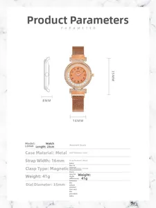 Detailed size specifications of the rose gold Milanese loop watch with dimensions