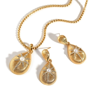 French style stainless steel jewelry set with star-set zircon and waterdrop design