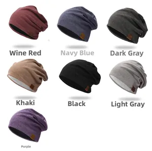 Slouchy knit beanies in multiple colors including burgundy and navy with leather patch