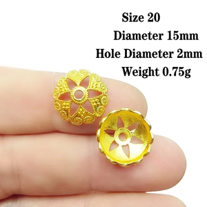 Detail of hollow golden petal bead caps for jewelry making with Size 20 specifications