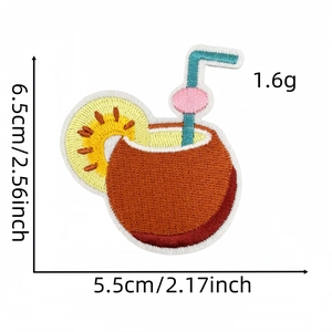 Detailed view of cocktail coconut embroidery patch with dimensions 6.5cm by 5.5cm