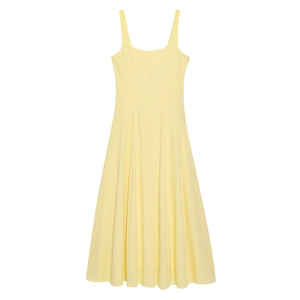 Minimalist light yellow A-line midi dress with wide straps and U-neckline on white background
