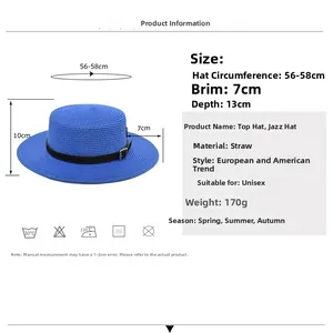 Blauer Strohhut mit breiter Krempe, schwarzem Band und Maßangaben für Damen
