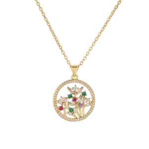 Golden Tree of Life necklace with colorful zircon stones and floral cutout pendant