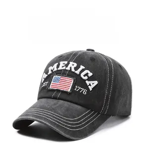 Close-up of vintage washed cotton baseball cap with American embroidery and fine stitching
