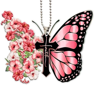 Detail of butterfly pendant with floral wings and black cross featuring 'faith' text