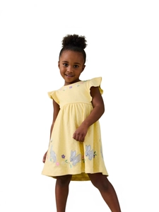 Girls Cotton Dress Yellow Polka Dot Embroidered Rabbit Flower Summer Short Flutter Sleeve A-Line Princess Skirt
