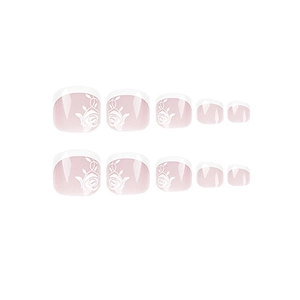 Weiße French-Toenails zum Aufkleben mit eleganten Rosen-Mustern auf rosa Basis