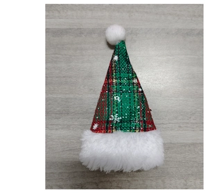 Mini red and green plaid Christmas hat decoration with white faux fur trim and pompom