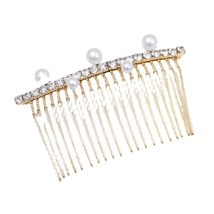 Elegant gold metal hair comb featuring shimmering rhinestones and five round pearls