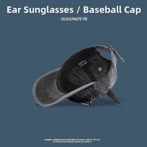 Detail of dark grey washed denim baseball cap featuring decorative ears and integrated sunglasses