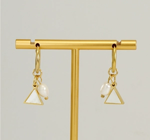 Close-up of 18K gold earrings with geometric triangular inlay and natural white pearl pendants
