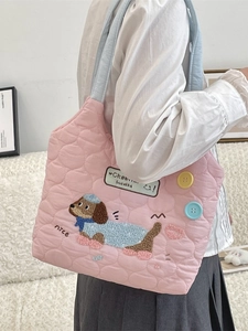 Gesteppte rosa Schultasche mit Hunde-Stickerei und blauen Riemen im Makronen-Stil