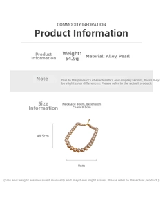 Detail showing the length of pearl necklace with golden alloy clasp and extension chain