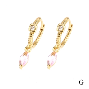 Detail of 18K gold plated earrings with marquise pink zircon and square clear gemstone