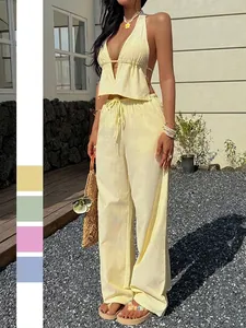 Cotton Polyester Striped Halter Top And Wide Leg Pants Vacation Summer Casual Backless Deep V Neck Clothing For Women