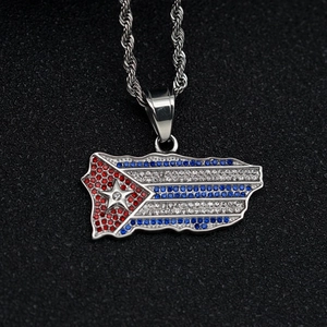 Silver twisted chain necklace with a Cuba map pendant set in red white and blue crystals