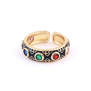 Detail of bohemian copper ring with colorful zircons and adjustable opening design