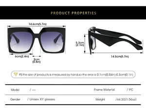 Detailed technical diagram showing square sunglasses dimensions and PC frame specifications