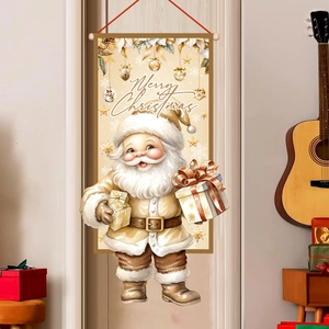 Bannière de porte Joyeux Noël 2025 avec motif Père Noël et support en bois vintage