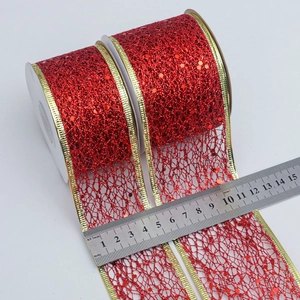 Set of two 6.3cm red glitter mesh ribbons with gold wired edges for Christmas decor