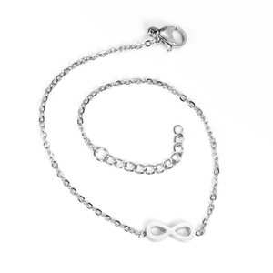 Macro view of silver infinity charm bracelet with adjustable lobster clasp and O-chain