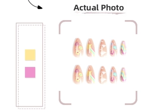 Detailed view of press on nails featuring rainbow stars and cute cloud patterns