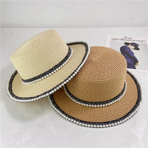 French vintage flat top straw hat with pearl lace trim for summer beach sun protection