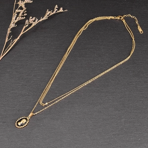 Baroque double-layer gold necklace with black enamel Elizabeth portrait coin pendant