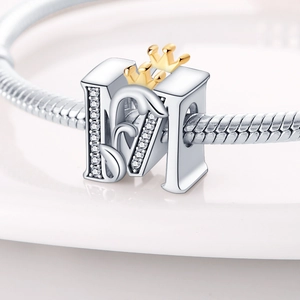 DIY letter M charm bead with golden crown and sparkling zircons for bracelets