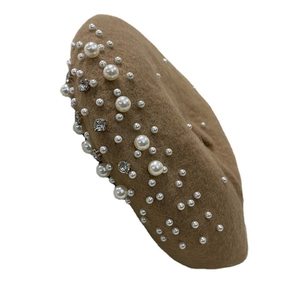 Elegant camel wool beret hat with pearls and rhinestones decoration for women and kids