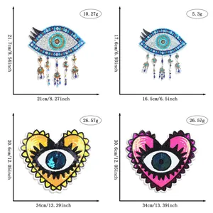 Size comparison and weight detail for sequined heart and eye embroidered patches