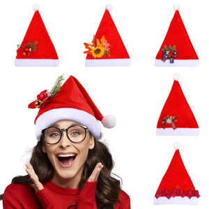 Luxury Christmas Hat Plush Polyester Velvet With Bow Knot Pine Cone Berry Ornament For Xmas Party Celebration Holiday