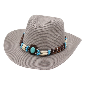 Western style straw sun hat in taupe with turquoise bead band and turquoise stone centerpiece