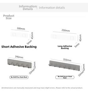 Detailed size chart showing dimensions for wall-mounted adhesive hook racks