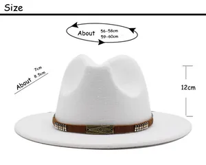 Size chart for wide brim wool fedora showing head circumference and brim width specs