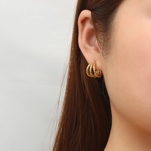 Elegant 18K gold-plated stainless steel triple hoop earrings with textured finish