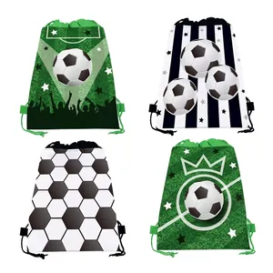 Set of four soccer-themed drawstring bags with various creative football field patterns