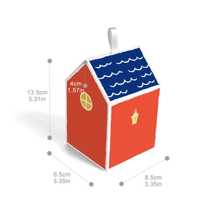 Detailed dimension guide for house-shaped gift box with red walls and blue roof