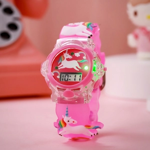 Pink LED digital kids unicorn watch with glowing lights and silicone strap