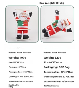 Detail of hanging Santa Claus figurines on a rope ladder with reindeer accents for Christmas
