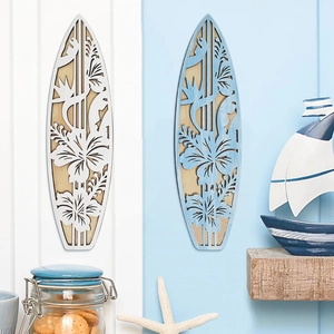 Pair of surf-style wooden wall decor with white and blue hollow tropical flower designs