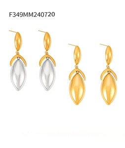 Detail view of oval geometric drop earrings in two-tone and gold-plated stainless steel