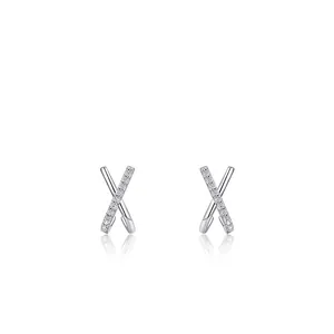 Minimalist S925 sterling silver X-shaped stud earrings with polished and pavé zircon bars