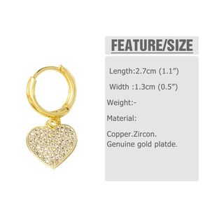 Detail view of gold-plated heart earrings with zircon inlay showing dimensions 2.7cm by 1.3cm