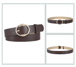 Detailed views of brown PU leather belt featuring a golden oval metal buckle closure