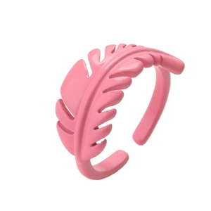 Fashionable pink enamel leaf open ring in a minimalist Korean style dopamine design