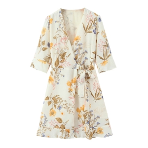 French Floral Print Wrap Dress V Neck Chiffon Ruffle Hem Short Sleeve Tie Waist Summer Bohemian Elegant Women