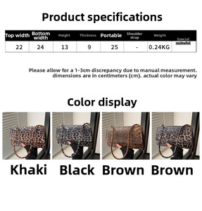 Detailed size chart and dimensions of the stylish leopard print bag in multiple colors