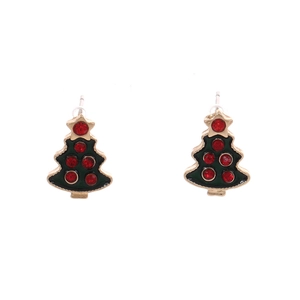 Festive Christmas tree stud earrings with green oil drip finish and red rhinestones